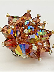 Vtg Smoky Quartz Amber AB Rhinestone 3D Pyramid MCM Geometric Brooch Earring Set
