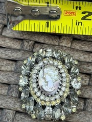Vintage Signed Hobé Smoky Gray Rhinestone Faux Cameo Brooch Rhodium Plated
