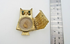 Vintage Jewelled Owl Pin Green Rhinestone Gold Perfume New Old Stock in Box A2