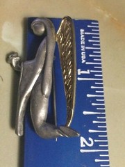 LIZ GATTA Angel Pin Brooch Silver Pewter GOLD TONE Signed Safety Catch Designer