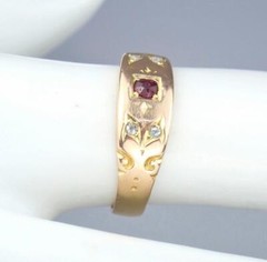 Fine Antique Victorian 18K 15K Gold Ruby Diamond 5-Stone Floral Scroll Ring 5.5
