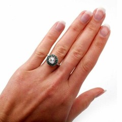 Art Deco Lab-Created Diamond & Emerald With Enamel Engagement 925 Silver Ring