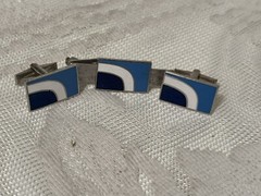 Vtg Matching Tie Bar & Cufflink Set Blue & White Enamel SilverTone W/ Box Retro