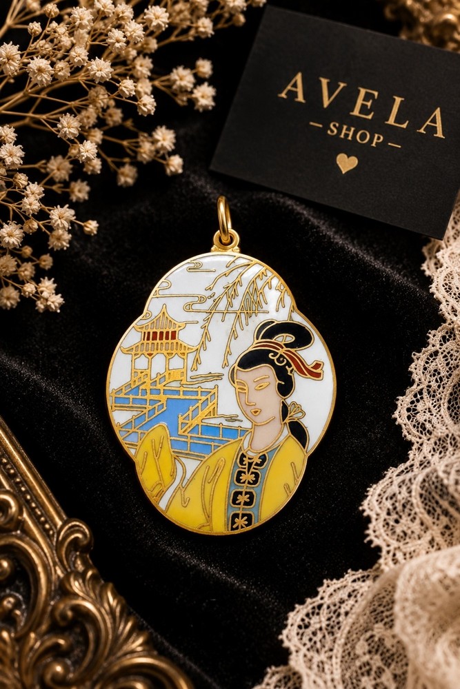 Vintage Cloisonné Enamel Asian Lady Pagoda Scenic Pendant Gold Tone Charm Estate