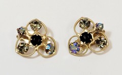 Vintage Black Gray AB Rhinestone 3 Hearts Juliana Clip Earrings