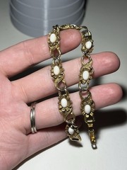 Vintage LJM Gold Victorian Revival Milk Glass Stone Bracelet 6.5”