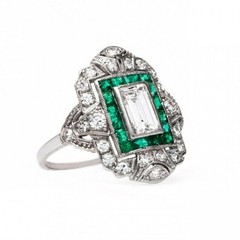 Art Deco Style Lab Created Diamond & Emerald 925 Sterling Silver Engagement Ring