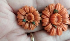 Antique Red / Orange Coral Color Czech Glass Pin / brooch carved chrysanthemum