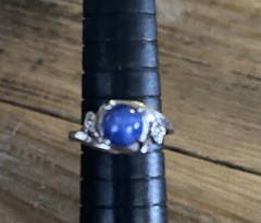 Vintage 10k White Gold Blue Lindy Star Sapphire Ring, Size 5 3/4 Diamond Chips