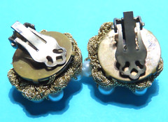 Vintage Gold Tone Crochet Thread w/ Pearl Rhinestone Beads Clip On Earrings 1″