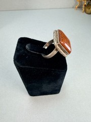 Vintage Silver Tone Goldstone Square Statement Ring Brown Cabochon Size 9