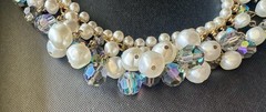 Vintage Filigree Beads Cha Cha Beaded Necklace with Faux Pearls AB Rhinestones
