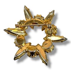 c.1960 Starburst Brooch Green Navette and Blue Chaton Rhinestones Gold Tone Pin