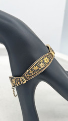 Vintage DAMASCENE Bracelet Bird Floral Black Gold Tone Panel Safety Chain