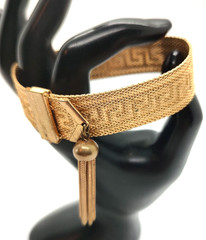 Art Deco Byzantine Greek Key Chain Tassel Gold Tone Mesh Slide Bracelet!
