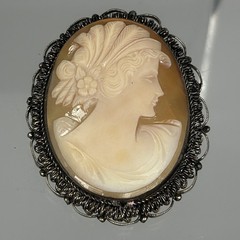 Victorian Antique Silver Tone Filigree Cameo Pink White Lady Carved Shell Brooch