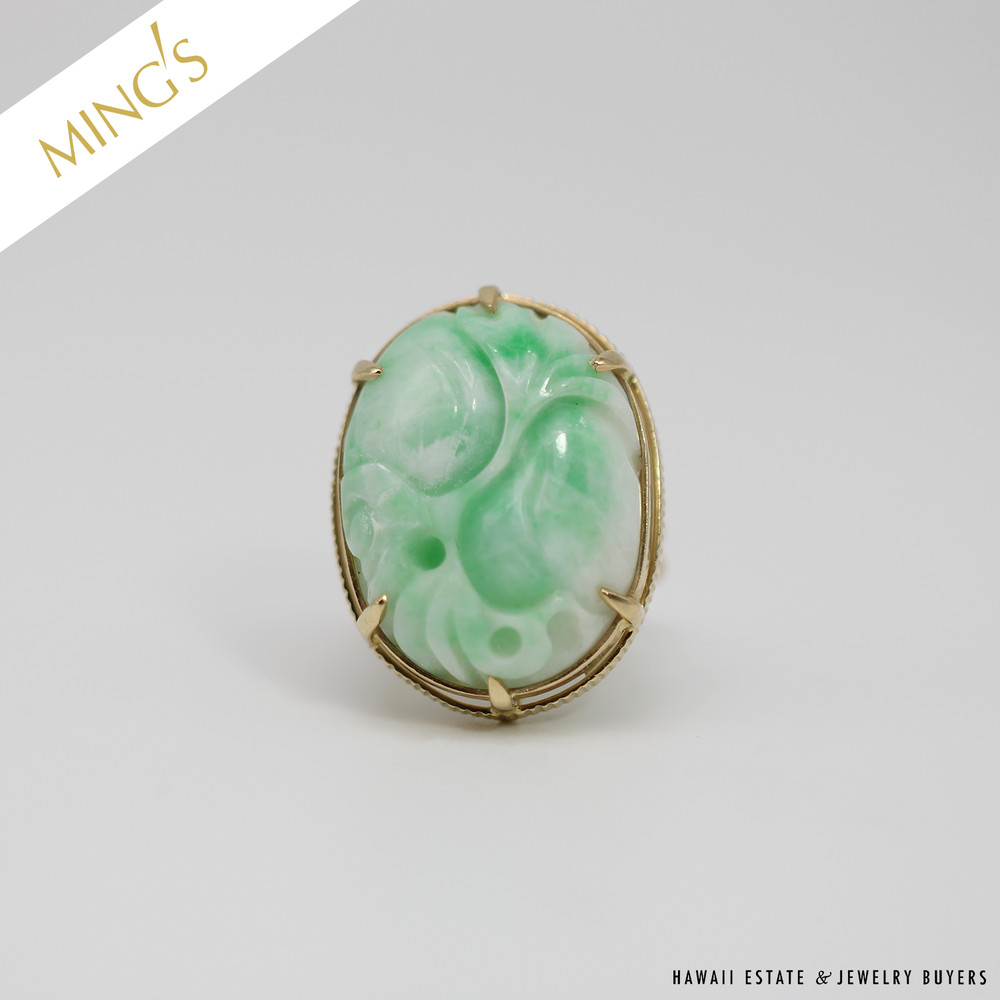 Ming’s Hawaii White and Green Jade Carved Gourd 14K Yellow Gold Ring Size 8