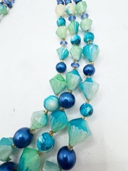 Vtg Hong Kong 3 Strand Beaded Collar Necklace Peacock Blue Turquoise Iridescent