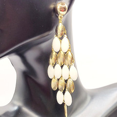 White & Gold Tone Metal Chandelier Cascade Dangle Vintage Earrings Ballroom