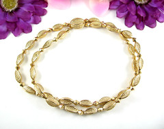 Double Strand GOLDTONE BEADED NECKLACE Vintage Choker Football Beads 15.5 In