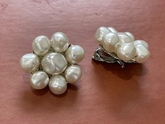 Vintage Japanese Silver Tone Metal Faux Pearl Flower Form Clip on Earrings
