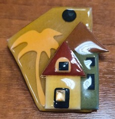 Vintage House Pins by Lucinda Green Home Palm Tree & Moon in Sky Pin / Brooch