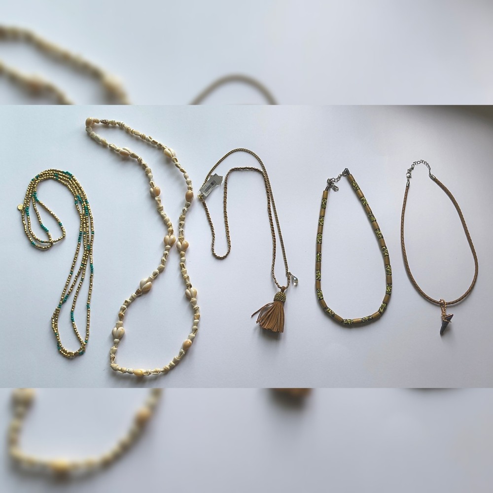 Vintage Boho Necklace Lot Leather Wood Shell Bead Brown Earth Tones Festival