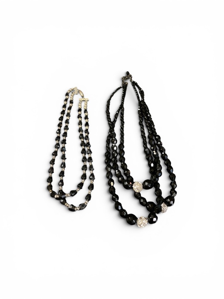 Vintage Black Glass Bead Choker Necklace & Faceted Black Glass Bead Necklace