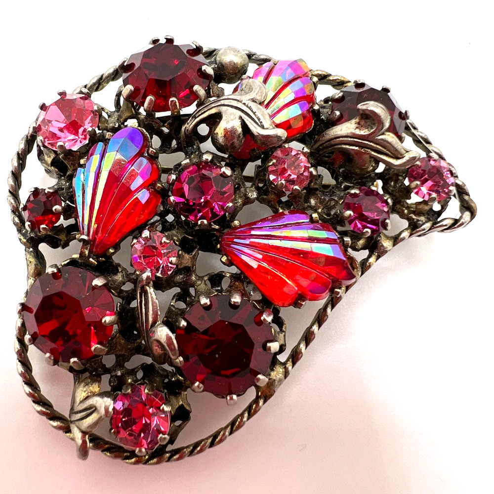 Vintage AUSTRIAN Pink and Red HEART BROOCH – Star – Carved AB Stones – 2 inches