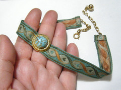15.5″ Vintage Art Deco Choker Silk Ribbon Necklace Czech Art Glass/ Gold Frame