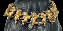 VTG Gold-tone Angels Cherubs Iridescent wings Slide charm bracelet 7.5″