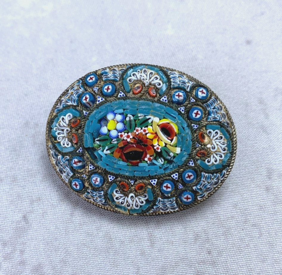 Woman’s Vintage Micro Mosaic Tesserae Glass Pin Italy Oval Floral Brooch Gift