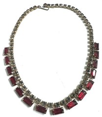 Vintage Rhinestone Necklace Red Baguette Clear AB Crystals Gold Tone 15” Choker