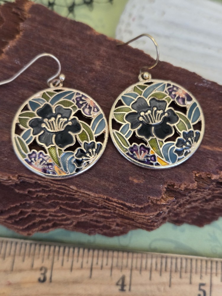 Vintage Cloisonne Earrings Black Floral Circles Wired Pierced Dangles Gold Tone