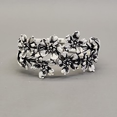 Vintage Clamper Bracelet Clip On Earrings Set White Enamel Black Washed Flowers