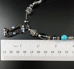 Vintage 90s Silver Art Deco Pendant Necklace Blue AB Crystals Rhinestones 18″