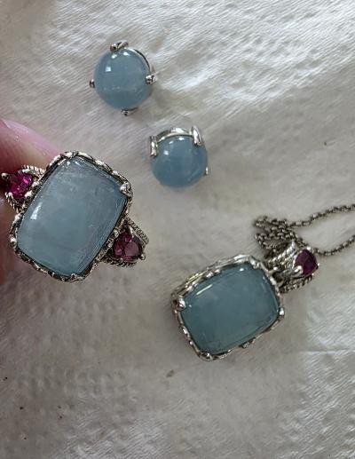 Vintage 925 Sterling Silver Milky Cabochon Aquamarine/tourmaline Set