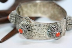 Vintage Silver Alloy Metal Ladies Jasper Bangle 20MM Wide Bracelet 7″ Heavy 64Gr