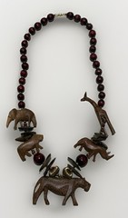 Vintage Hand Carved Wood African Safari Animal Statement Necklace Leopard Lion