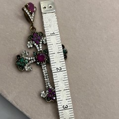 Antique Simulated Green Emerald Cross Pendant Sterling Silver & Gold 14g