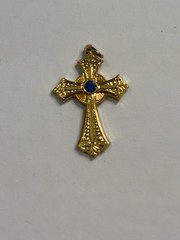 Vintage Made in Italy Gold Tone Cross Pendant Blue Crystal Religious Charm