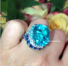 Incredible 20.13 Aquamarine From Surrounded With CZ, Aquamarine & Sapphire Ring