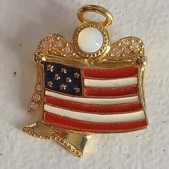Vintage KC signed Angel USA Flag Brooch Moonstone Gold Tone Enamel Rhinestone