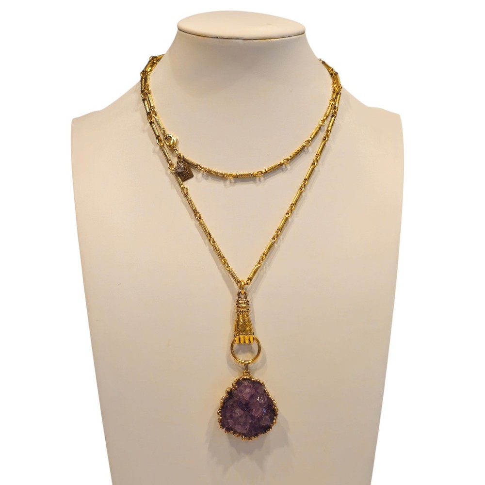 Designer John Wind Maximal Art Hand Door Knocker Amethyst Geode Long Necklace