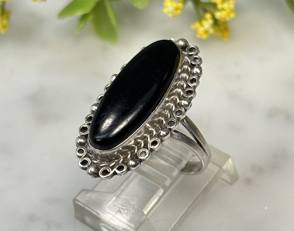 Vtg MEXICO Sterling Silver Black Onyx Large Oval Cabochon Split Band Ring Sz 6