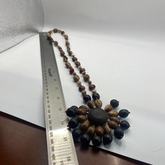 Vintage Handmade Wood Seed Beaded Flower Statement Necklace Buckeye Acorn 26in