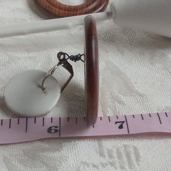 Vintage Dangle Drop Earrings Faux WOOD hoops donuts 70s lever back