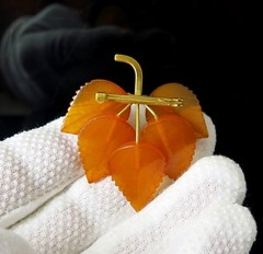 Vintage Soviet Baltic Amber Leaf Brooch Gilt Pin USSR + Gold Plated