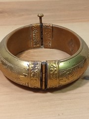Vintage hinged brass bangle bracelet with etchings/ pin closure Morocco Or India