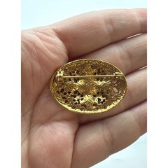 Vintage Victorian Revival Gold Tone Filigree Oval Brooch Faux Pearl Red Rose